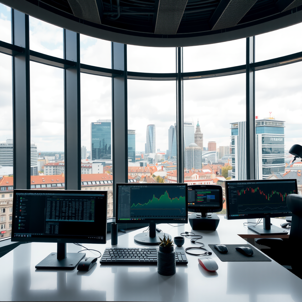 Modernes Büro mit Blick auf die Frankfurter Skyline, große Fenster, professionelle Arbeitsumgebung mit Wirtschaftsmonitoren und Analysewerkzeugen