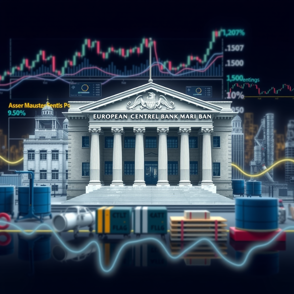 Detailed visualization of European Central Bank headquarters with economic data charts, currency symbols, and German manufacturing facilities in the background, representing monetary policy impact on export industries