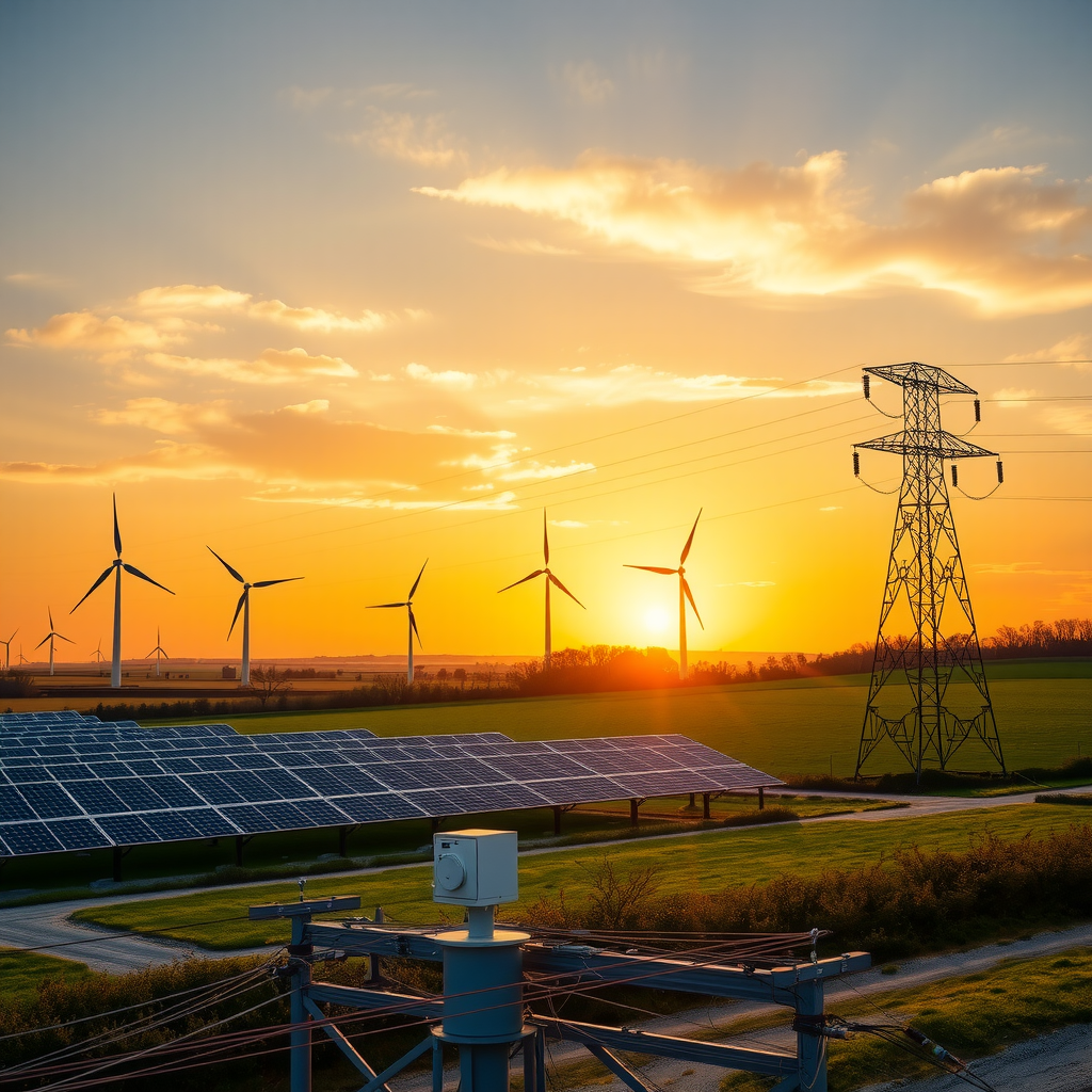 Moderne erneuerbare Energieinfrastruktur in Deutschland mit Windkraftanlagen und Solarpanels in ländlicher Landschaft bei goldenem Sonnenuntergang, Hochspannungsleitungen und Umspannwerke im Vordergrund, symbolisiert den Übergang zur nachhaltigen Energieversorgung