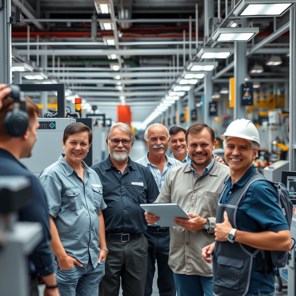 Moderne deutsche Industrieanlage mit automatisierten Fertigungslinien und vielfältiger Belegschaft verschiedener Altersgruppen, die gemeinsam in einer Produktionsumgebung arbeiten