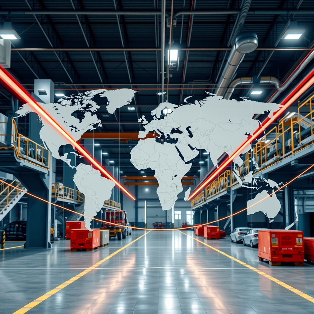 Moderne deutsche Industrieanlage mit digitaler Visualisierung globaler Lieferkettennetzwerke, zeigt Transportrouten und Produktionsstandorte über verschiedene Kontinente hinweg