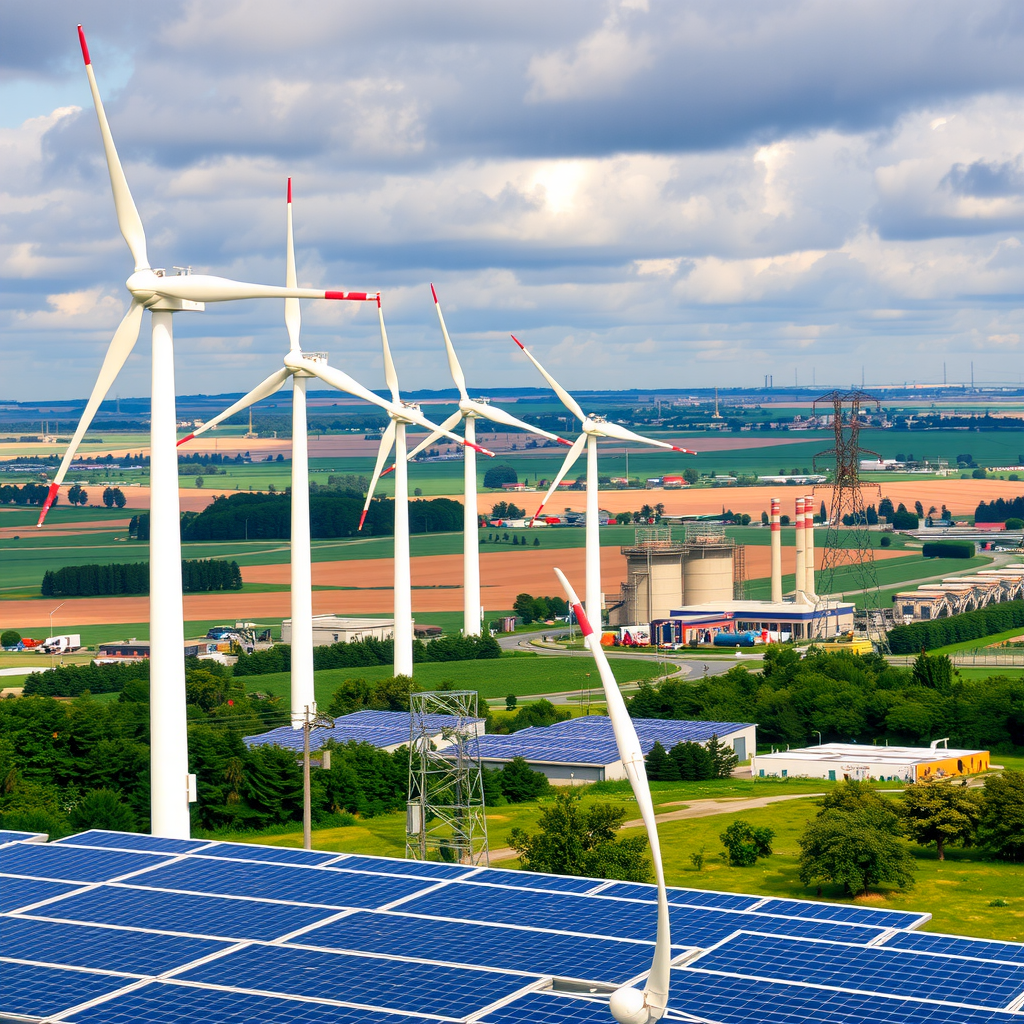 Modern wind turbines and solar panel installations across German landscape with industrial factories and power transmission lines, illustrating renewable energy infrastructure development and its impact on manufacturing costs