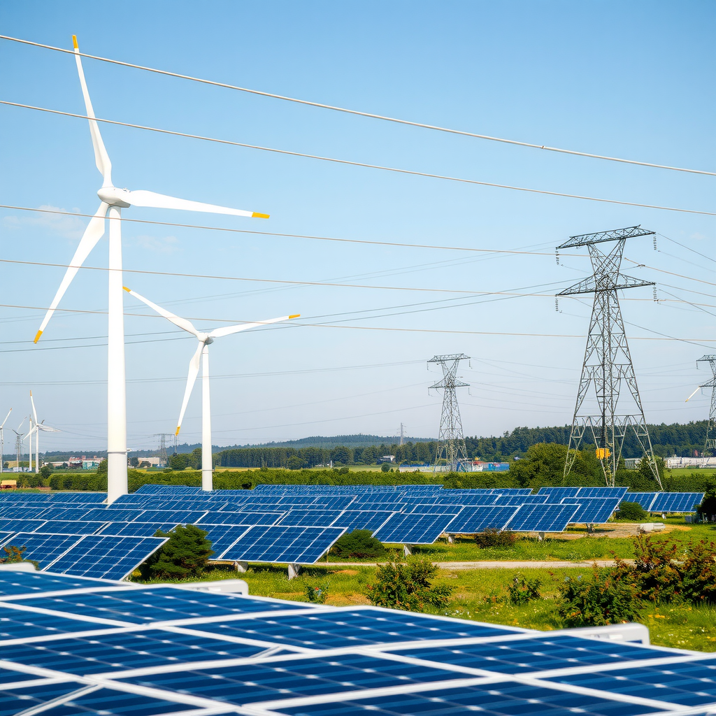Modern wind turbines and solar panels in German industrial landscape with power transmission lines, representing renewable energy infrastructure development and industrial energy costs