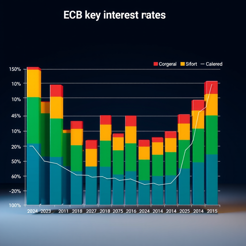 Professionelles Balkendiagramm zur Entwicklung der EZB-Leitzinsen von 2024 bis Oktober 2025, mit farbcodierten Balken für verschiedene Zinssätze, Trendlinien und Annotationen zu wichtigen geldpolitischen Entscheidungen
