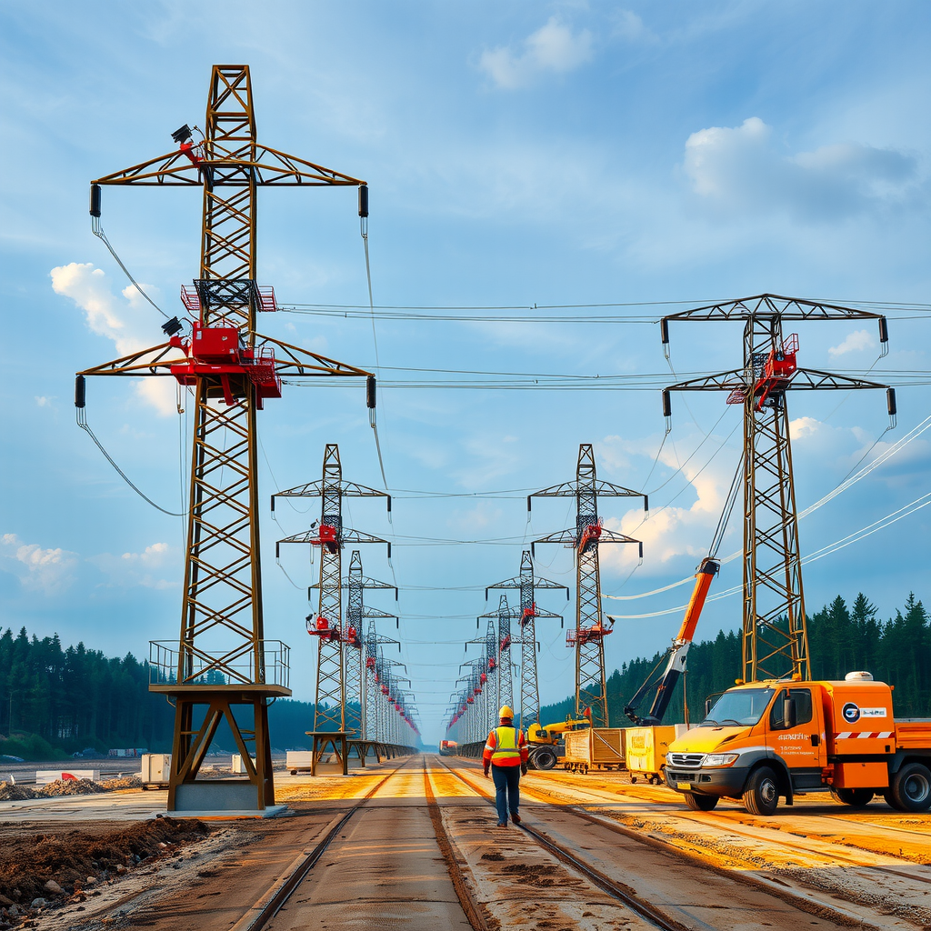 Großbaustelle für Hochspannungs-Gleichstrom-Übertragungsleitungen in Deutschland, massive Strommasten im Bau mit Kränen und Baufahrzeugen, Arbeiter in Sicherheitsausrüstung, symbolisiert den massiven Infrastrukturausbau für die Energiewende
