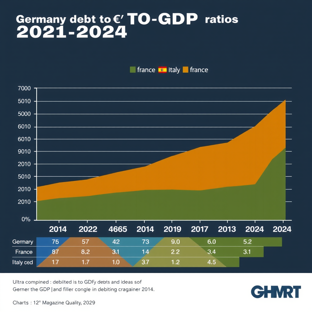Vergleichsdiagramm der Schuldenquoten von Deutschland, Frankreich, Italien und Spanien von 2010 bis 2024, professioneller Infografik-Stil