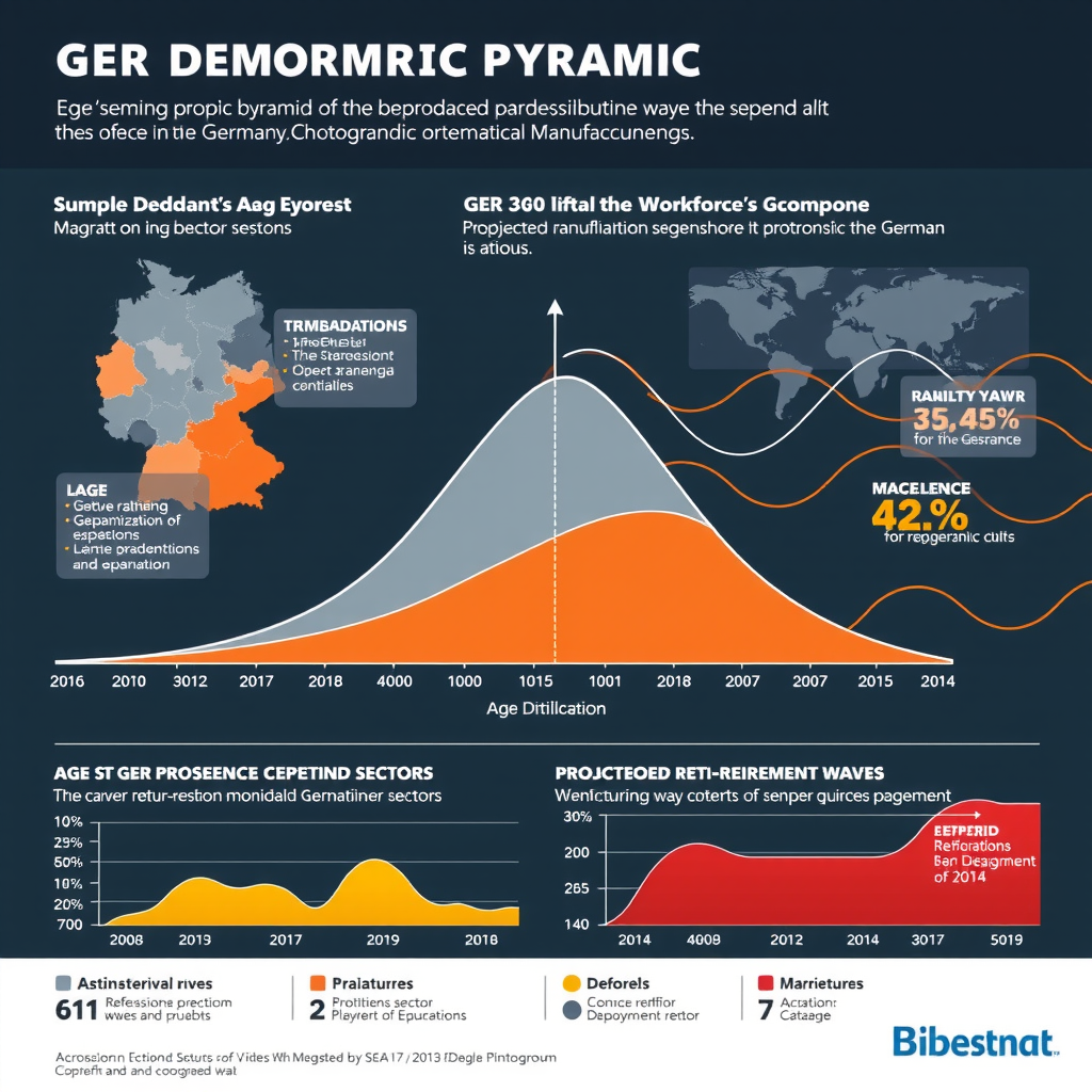 Detaillierte Infografik zur demografischen Pyramide der deutschen Arbeitskräfte mit Altersverteilungsdiagrammen und prognostizierten Rentenwellen in Fertigungssektoren