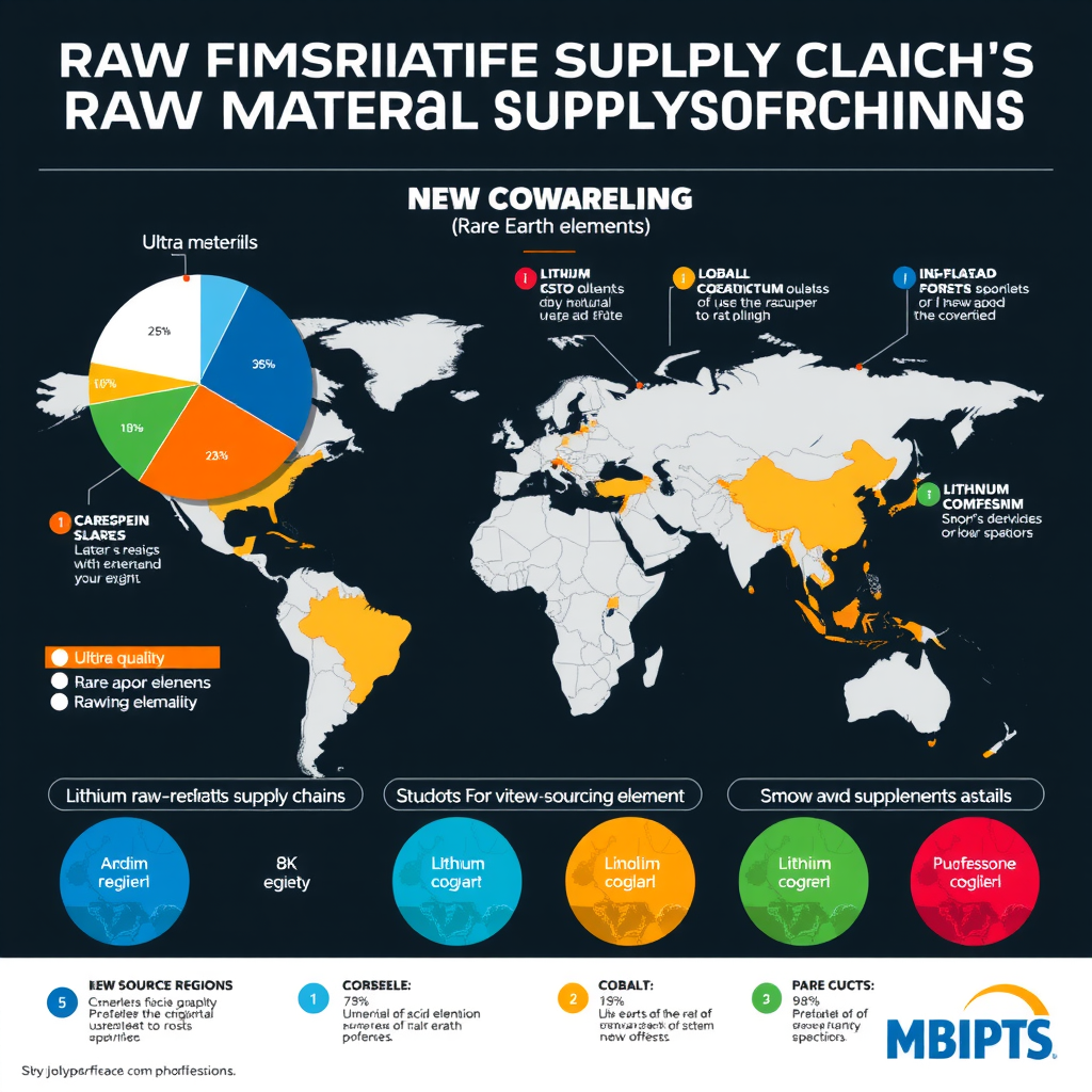 Detaillierte Infografik zur Diversifizierung der Rohstofflieferketten mit Kreisdiagrammen und Weltkarte, die neue Beschaffungsregionen für Lithium, Kobalt und Seltene Erden hervorhebt