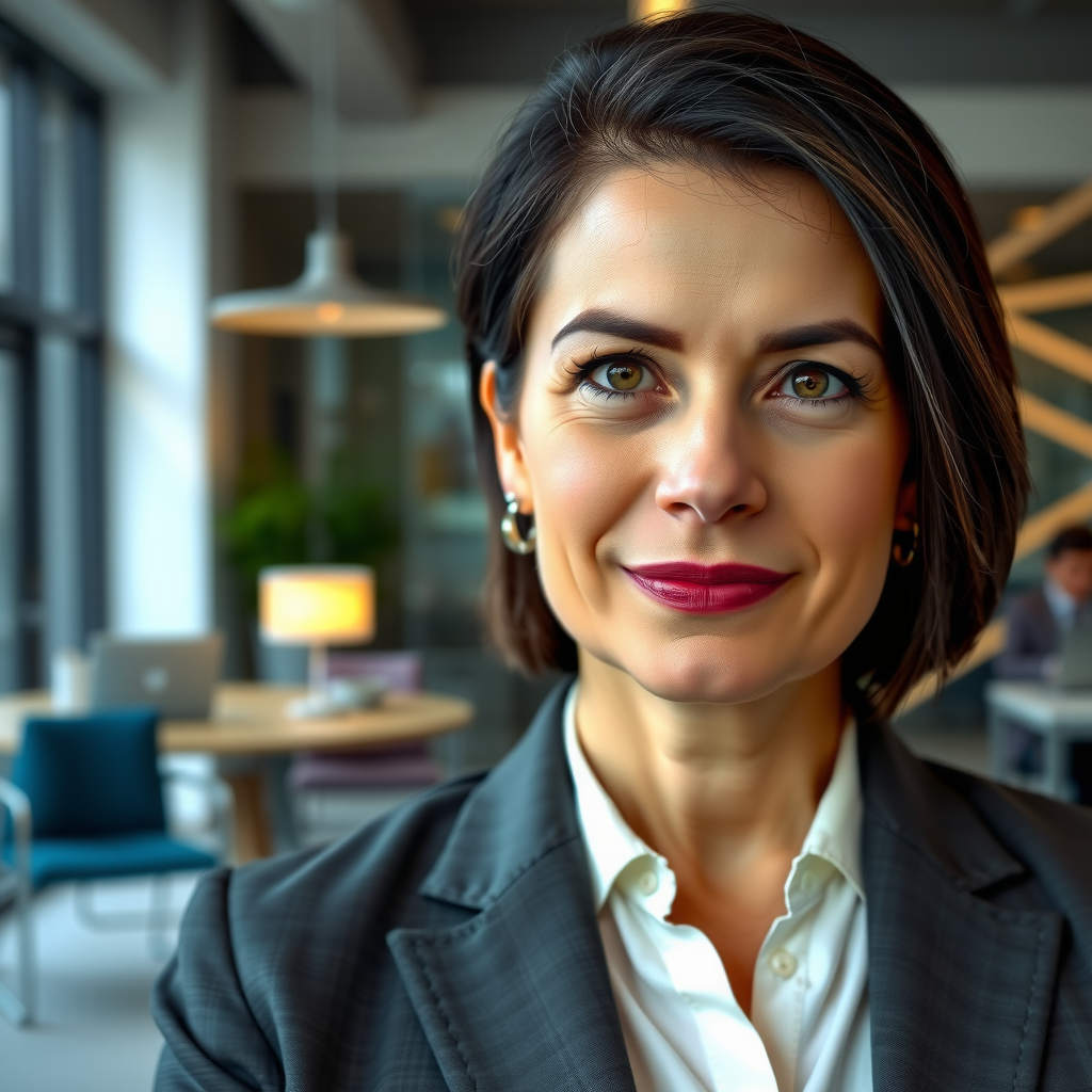 Professionelles Porträt von Sarah Weber, Leiterin Branchenanalyse, weiblich, Anfang 40, dunkles Haar, Business-Outfit, modernes Büro im Hintergrund