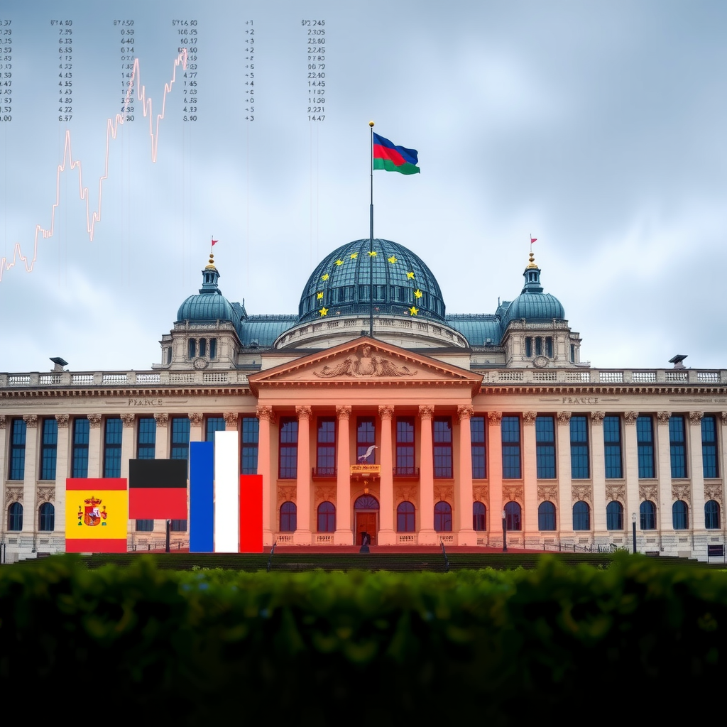 European Union parliament building with overlapping financial charts comparing debt levels of Germany, France, Italy and Spain, featuring constitutional documents and economic growth indicators representing different fiscal policy approaches