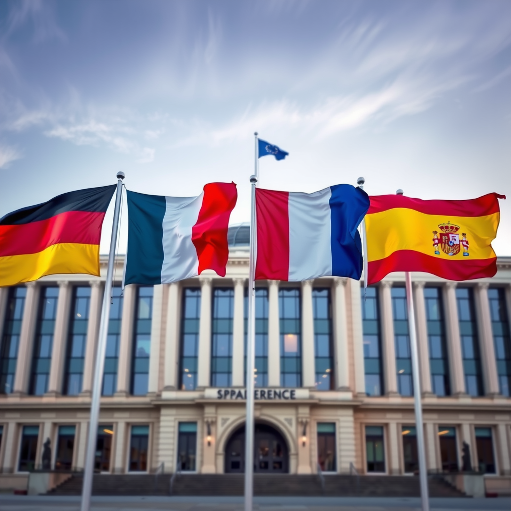 European Union parliament building with flags of Germany, France, Italy and Spain, representing comparative fiscal policy analysis and debt regulations across EU member states