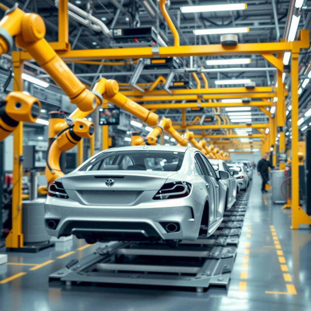 Hochmoderne Automobilproduktionslinie in deutscher Fabrik, Industrieroboter bei der Fahrzeugmontage, Industrie 4.0 Technologie, saubere Produktionsumgebung, Weitwinkelaufnahme mit Tiefenschärfe