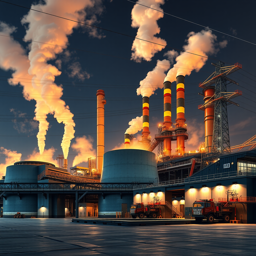 Moderne Stahlproduktionsanlage in Deutschland mit Hochöfen und komplexer Energieinfrastruktur, rauchende Schornsteine und Hochspannungsleitungen, symbolisiert energieintensive Industrie und deren Abhängigkeit von stabiler Stromversorgung