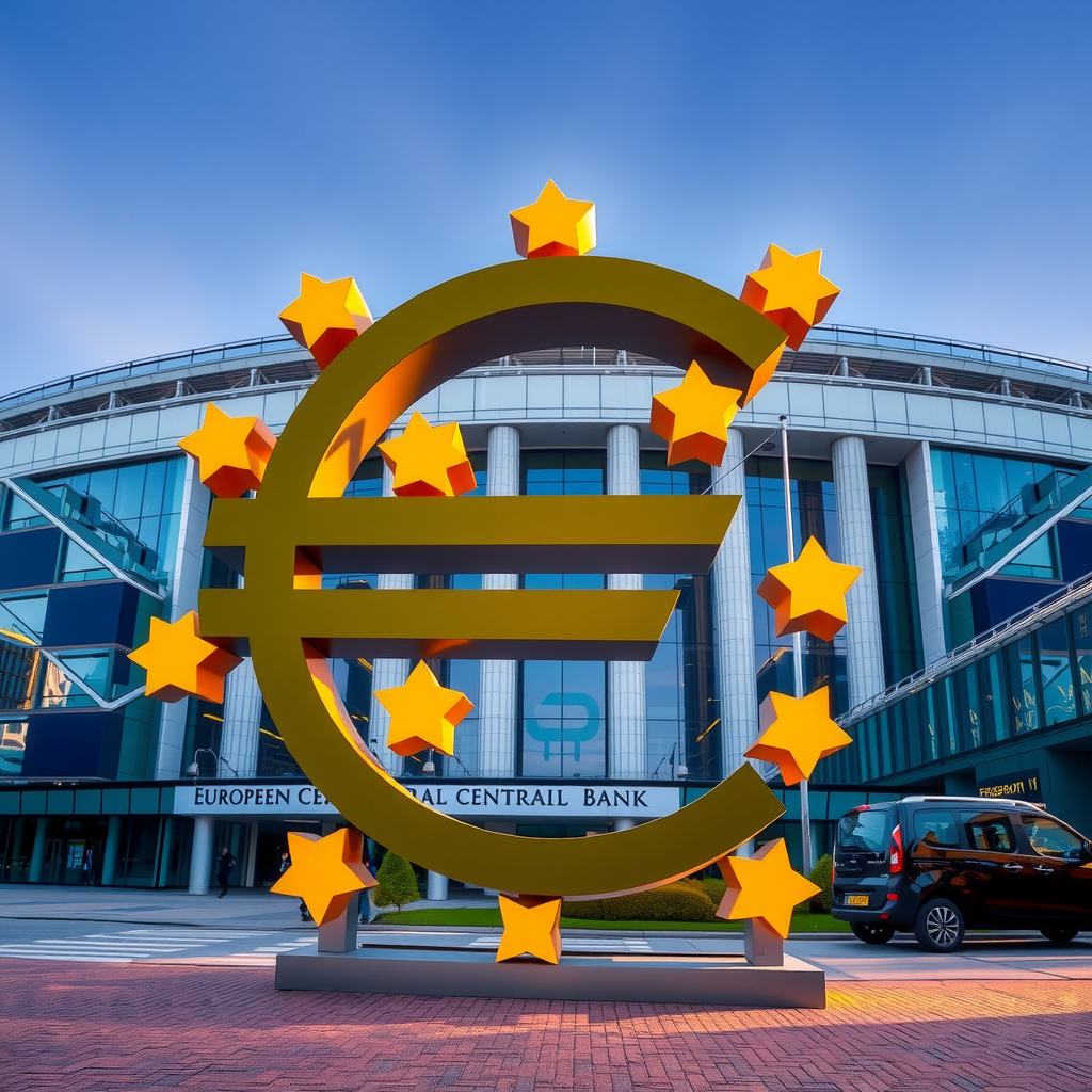 Europäische Zentralbank Hauptsitz in Frankfurt mit Euro-Symbol, moderne Architekturfotografie, repräsentiert geldpolitischen Einfluss
