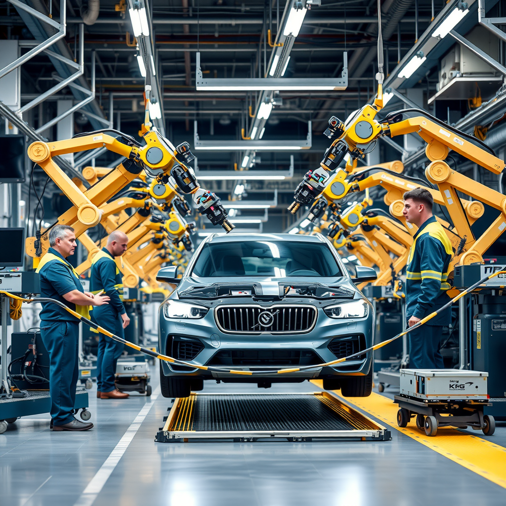 Moderne Automobilmontagelinie mit kollaborativen Robotern, die zusammen mit menschlichen Technikern in einer hochtechnologischen deutschen Fabrikumgebung arbeiten