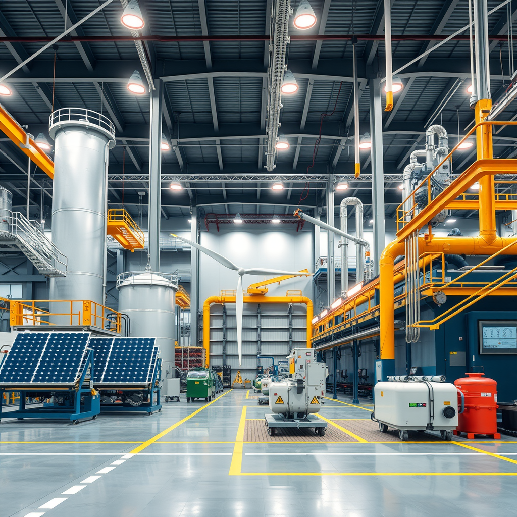 Moderne chemische Produktionsanlage in Osteuropa mit fortschrittlicher Automatisierung und erneuerbarer Energieinfrastruktur, einschließlich Solarpanelen und Windturbinen