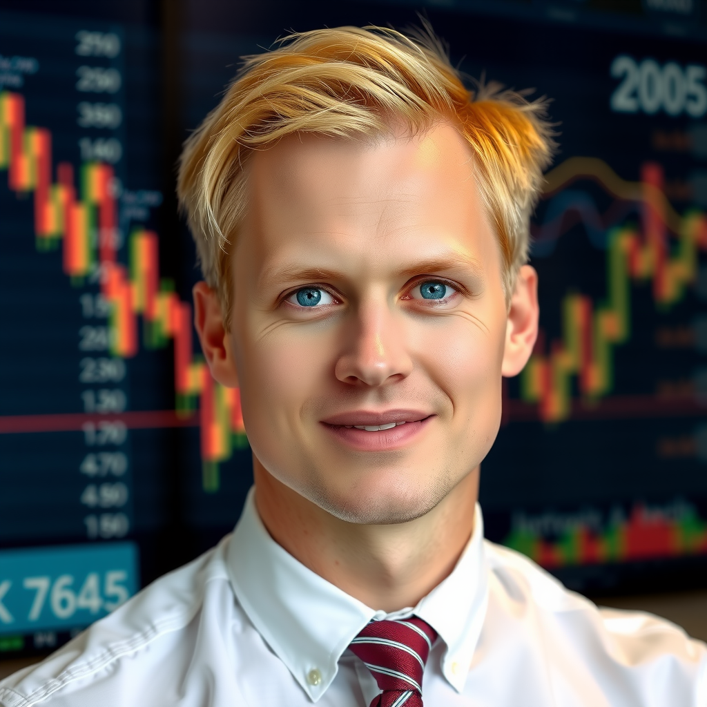 Professionelles Porträt von Thomas Hoffmann, Senior Finanzanalyst, männlich, Mitte 30, blondes Haar, Hemd ohne Krawatte, Finanzdiagramme im Hintergrund