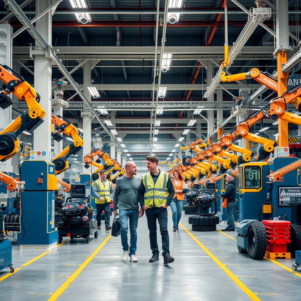 Modern German factory floor with robotic automation systems and diverse workforce, representing demographic changes and technological transformation in manufacturing