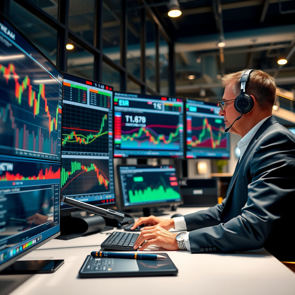 Professioneller Finanzhändler analysiert komplexe Währungsdiagramme und Charts auf mehreren Computerbildschirmen in modernem Trading-Raum, Fokus auf EUR/USD Kursentwicklung, realistische Büroumgebung