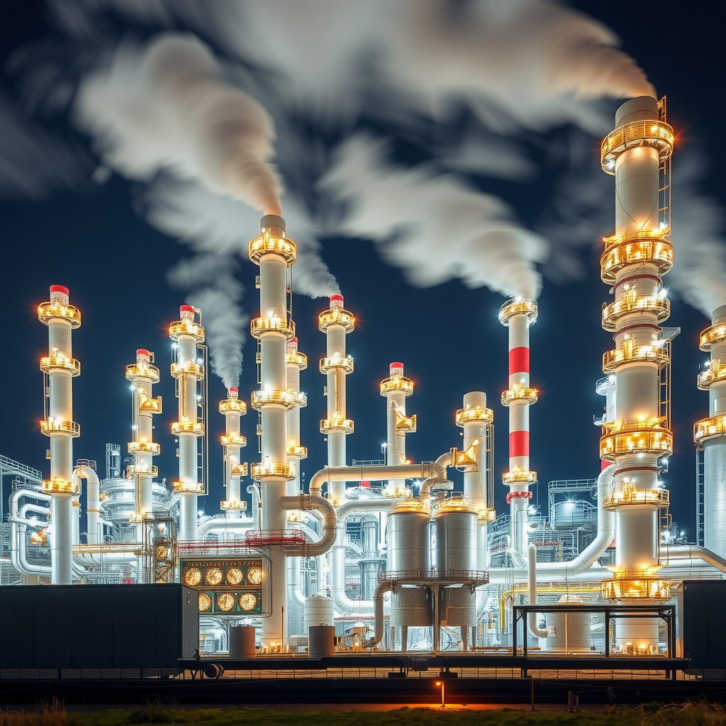 Großes Chemiewerk in Deutschland bei Nacht mit beleuchteten Destillationskolonnen und komplexem Rohrleitungssystem, moderne Prozessanlagen und Dampfwolken, repräsentiert die energieintensive chemische Industrie unter Transformationsdruck
