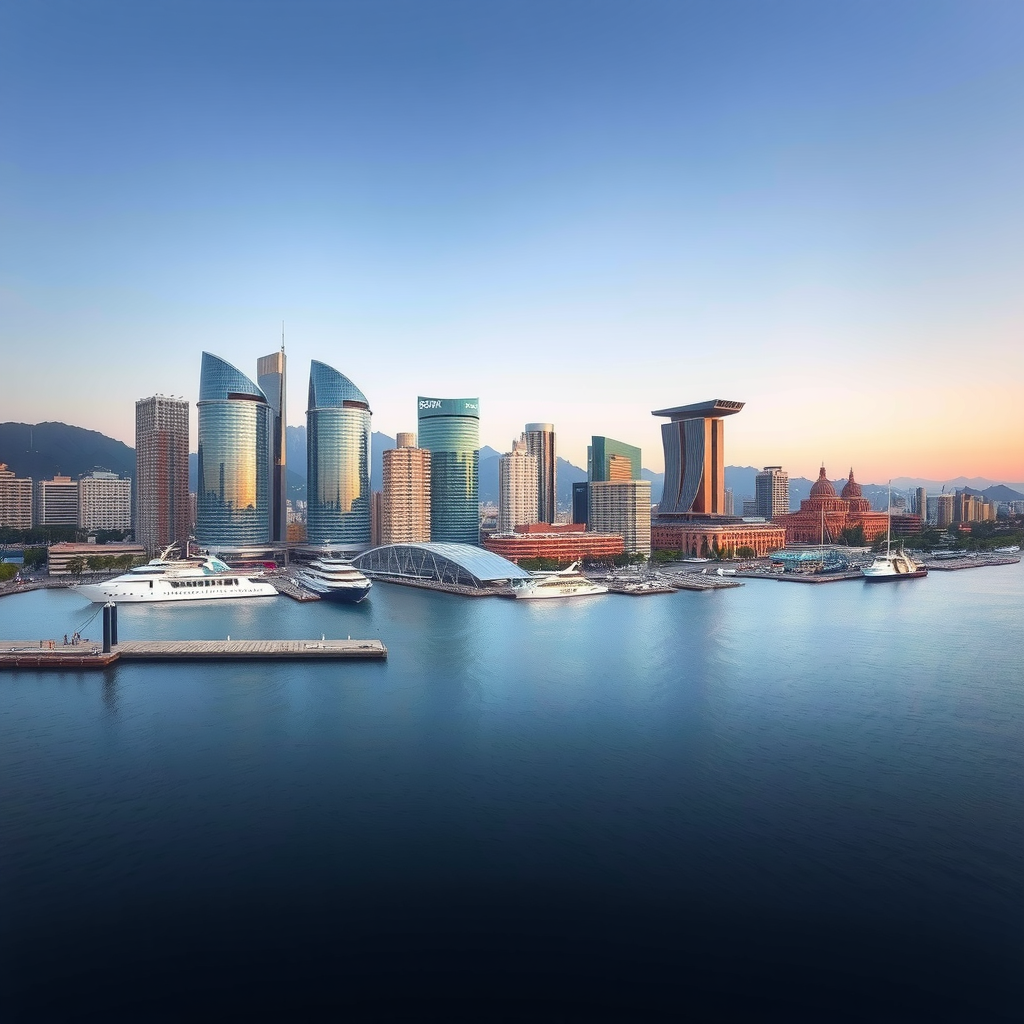 Moderne Barcelona Skyline mit Hafen und Geschäftsviertel, repräsentiert spanische wirtschaftliche Erholung und Wettbewerbsfähigkeit