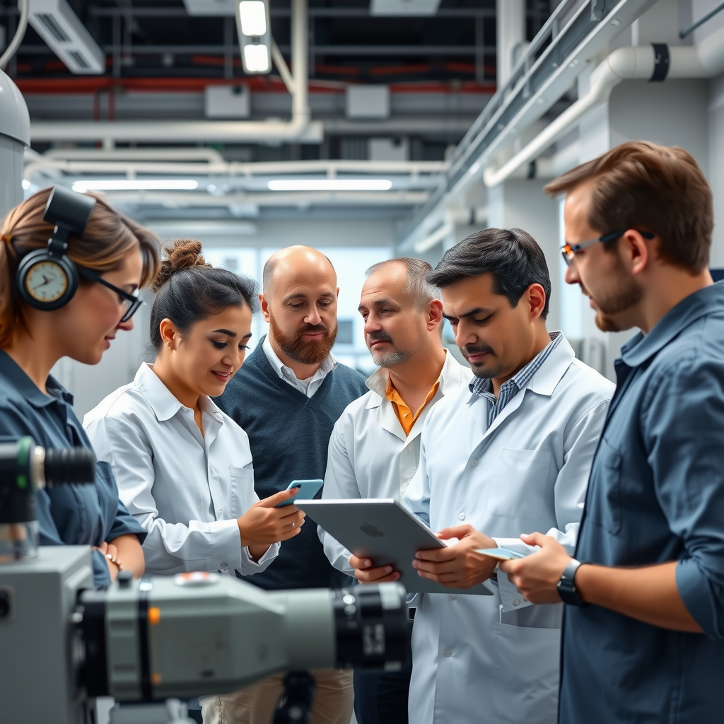 Vielfältige Gruppe internationaler Ingenieure und Techniker, die in einer deutschen industriellen Forschungseinrichtung mit moderner Ausrüstung zusammenarbeiten