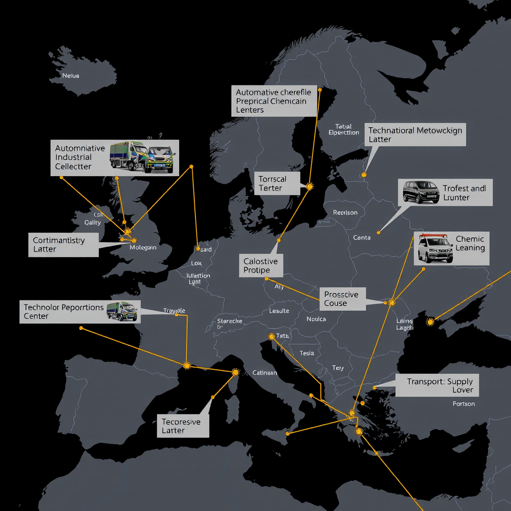 Strategische Karte europäischer Industriecluster mit Automobil-, Chemie- und Technologie-Produktionszentren, verbundenen Lieferkettennetzwerken und Transportrouten