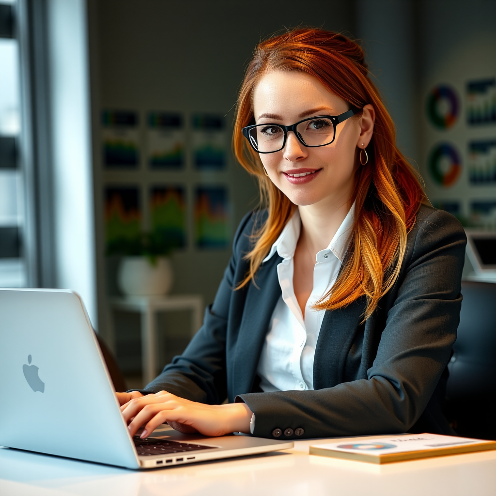 Professionelles Porträt von Lisa Müller, Datenanalystin, weiblich, Ende 20, rotes Haar, Brille, lässiges Business-Outfit, Laptop und Datenvisualisierungen sichtbar