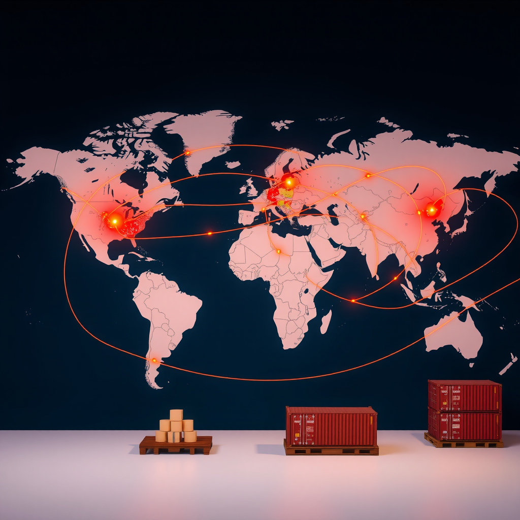 World map with shipping routes, cargo containers and manufacturing facilities highlighting global supply chain networks and nearshoring trends affecting German industry
