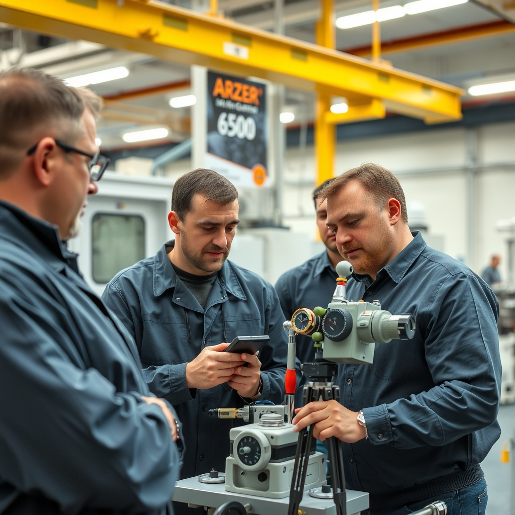 Deutsche Ingenieure bei der Qualitätsprüfung einer hochpräzisen Industriemaschine in moderner Produktionshalle, technische Messgeräte, professionelle Arbeitsumgebung, Fokus auf Präzision und Qualität