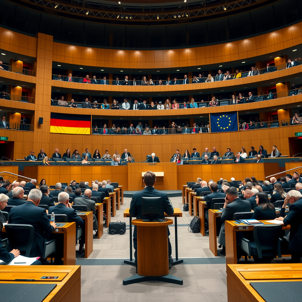 Deutscher Bundestag während einer Plenardebatte zur Energiepolitik, Redner am Pult vor gefüllten Abgeordnetenreihen, deutsche und europäische Flaggen im Hintergrund, symbolisiert politische Entscheidungsprozesse zur Energiewende