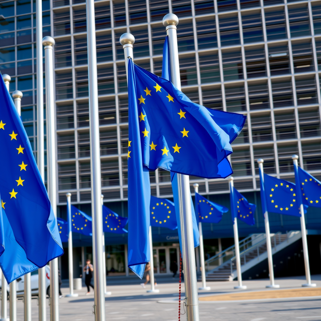 Europäische Unionsflaggen vor Brüsseler EU-Kommissionsgebäude, symbolisiert Debatten über fiskalische Integration