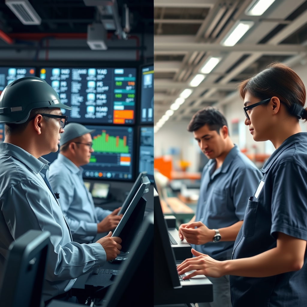 Geteilte Bildschirmansicht mit Vergleich zwischen hochtechnologischem Kontrollraum mit gut bezahlten Ingenieuren und traditioneller Fabrikhalle mit manuellen Arbeitern