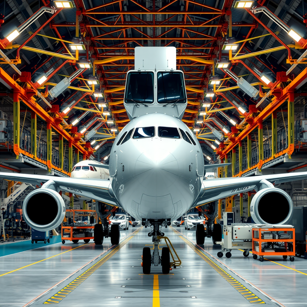 Airbus-Endmontagelinie mit komplexer Flugzeugfertigung, Komponenten aus verschiedenen Ländern und digitalen Supply-Chain-Management-Systemen