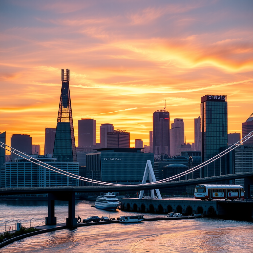 Panoramablick auf das Frankfurter Bankenviertel bei Sonnenuntergang, Wolkenkratzer der Europäischen Zentralbank und deutscher Banken, symbolisiert Finanzzentrum Europas