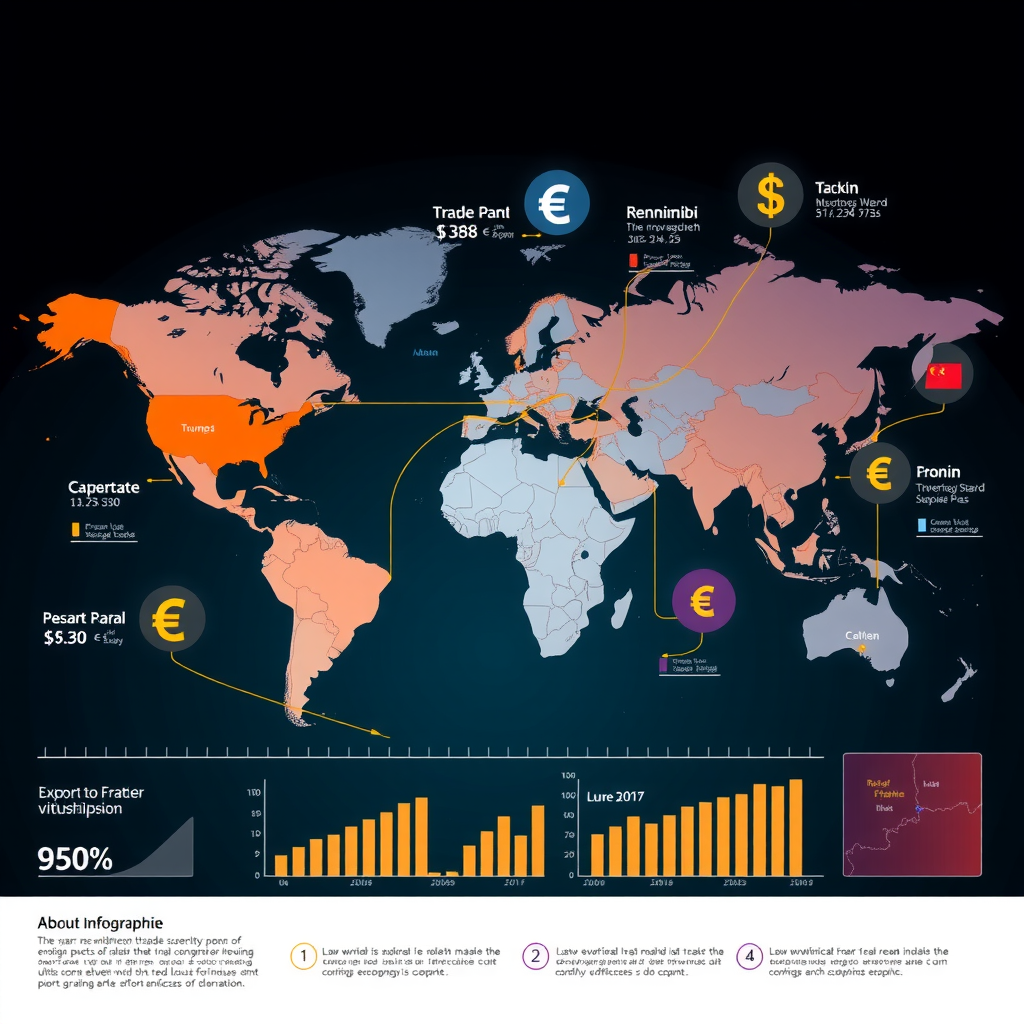 Professionelle Infografik einer Weltkarte mit visualisierten Handelsströmen zwischen Kontinenten, Währungssymbole für Euro, Dollar, Renminbi, Pfeile zeigen Exportvolumina, moderne Datenvisualisierung in Unternehmensfarben