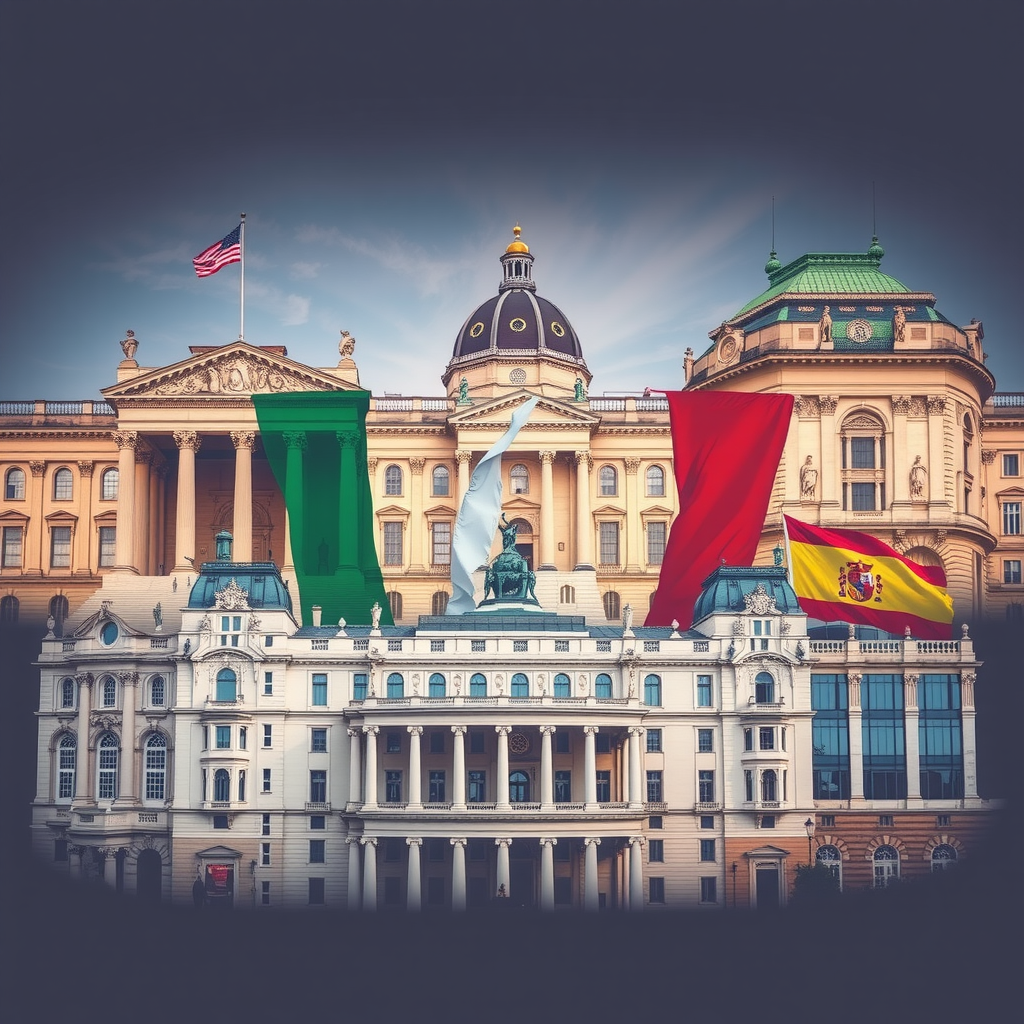 Kompositionsbild der Parlamentsgebäude von Deutschland, Frankreich, Italien und Spanien, repräsentiert diverse politische Systeme