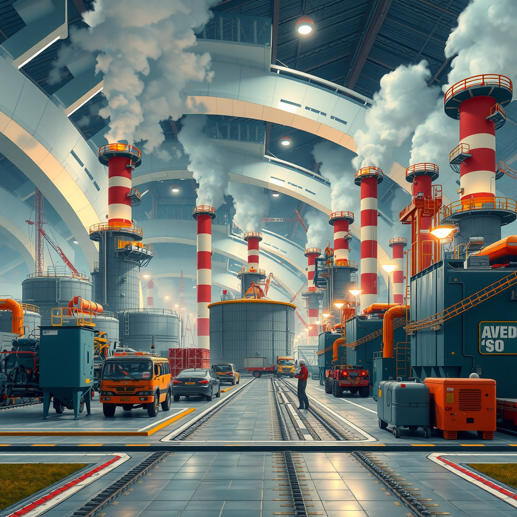 Futuristische deutsche Industrielandschaft mit nachhaltigen Smart Factories, erneuerbaren Energien und vielfältiger Belegschaft aller Altersgruppen