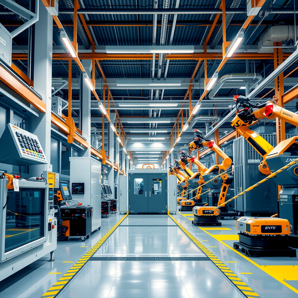 Futuristische Smart Factory mit automatisierten Produktionslinien, Robotersystemen und digitalen Kontrollzentren, die Industrie 4.0-Implementierung in deutscher Fertigung zeigen