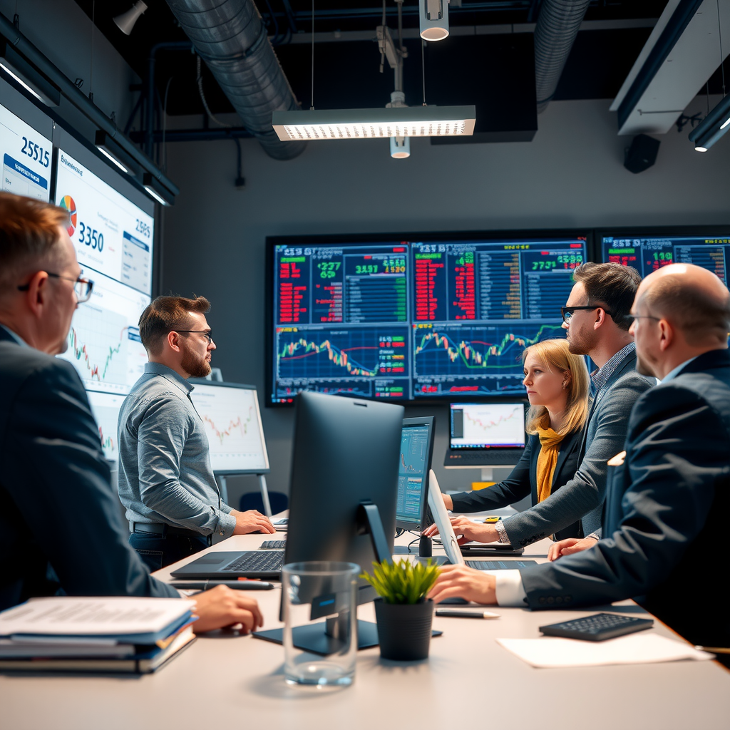 Professionelles Team bei der Arbeit, Analysten diskutieren Wirtschaftsdaten an großen Monitoren, Whiteboards mit Diagrammen, kollaborative Arbeitsatmosphäre